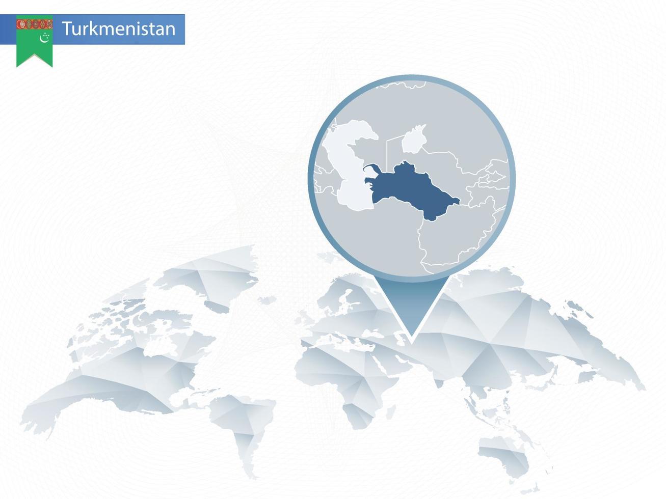 mapa del mundo redondeado abstracto con mapa de turkmenistán detallado anclado. vector