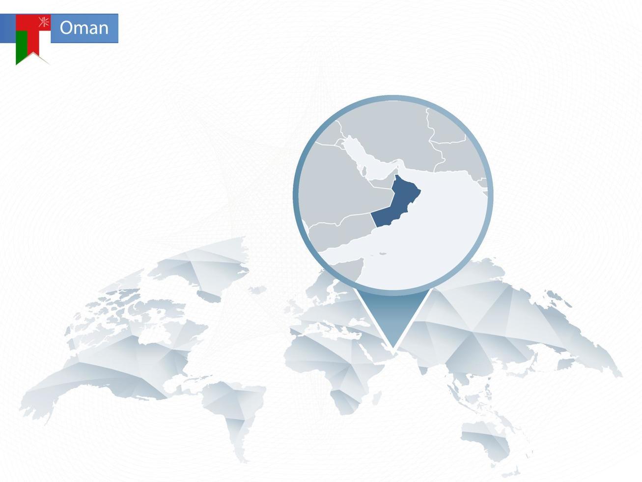 mapa del mundo redondeado abstracto con mapa de omán detallado anclado. vector