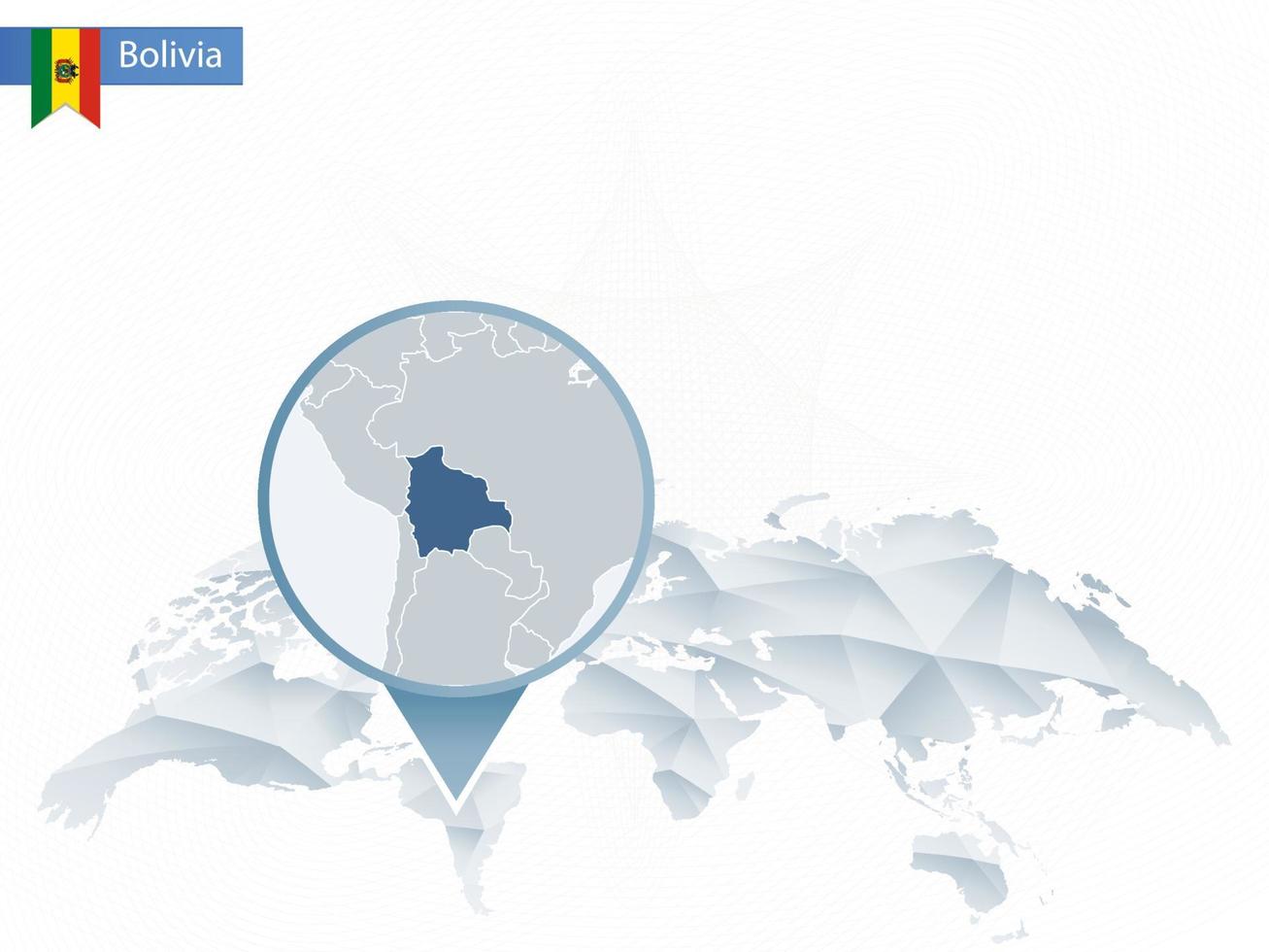 mapa del mundo redondeado abstracto con mapa de bolivia detallado anclado. vector