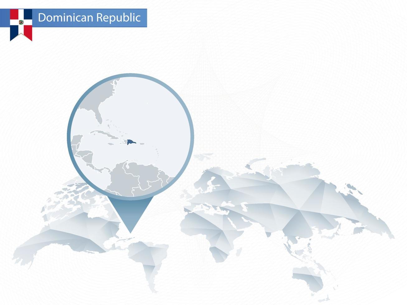 mapa del mundo redondeado abstracto con mapa detallado de la república dominicana anclado. vector