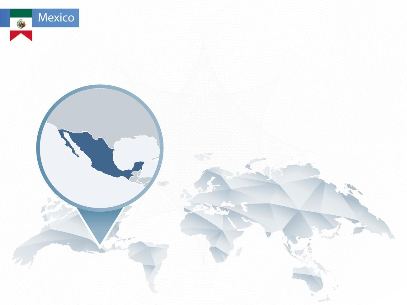 mapa del mundo redondeado abstracto con mapa de méxico detallado anclado. vector