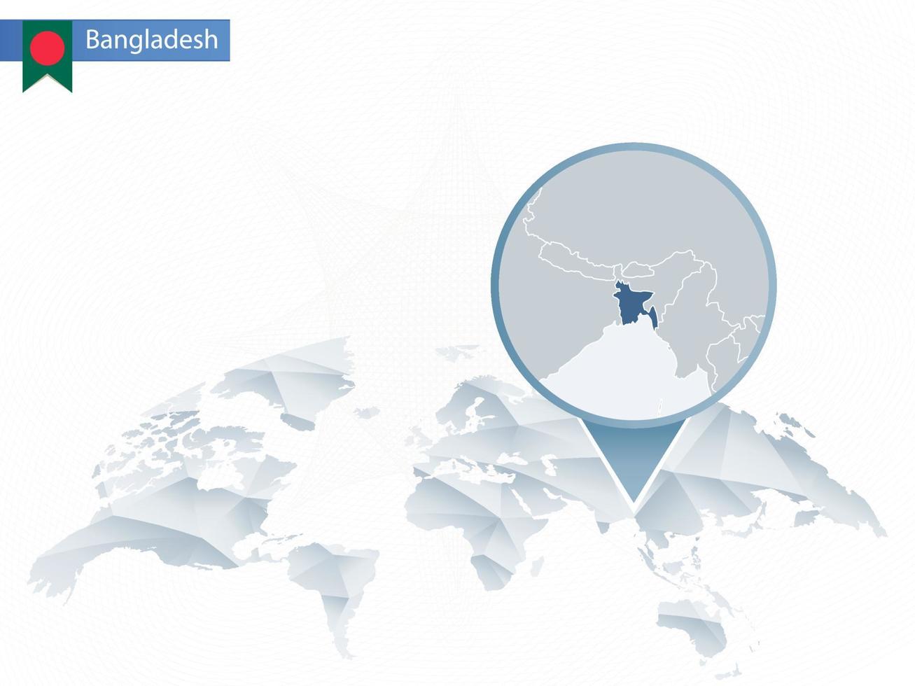 mapa del mundo redondeado abstracto con mapa de bangladesh detallado anclado. vector