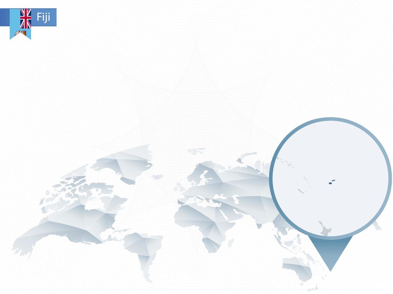 mapa del mundo redondeado abstracto con mapa fiji detallado anclado. vector