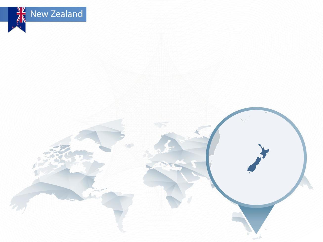 Abstract rounded World Map with pinned detailed New Zealand map. vector