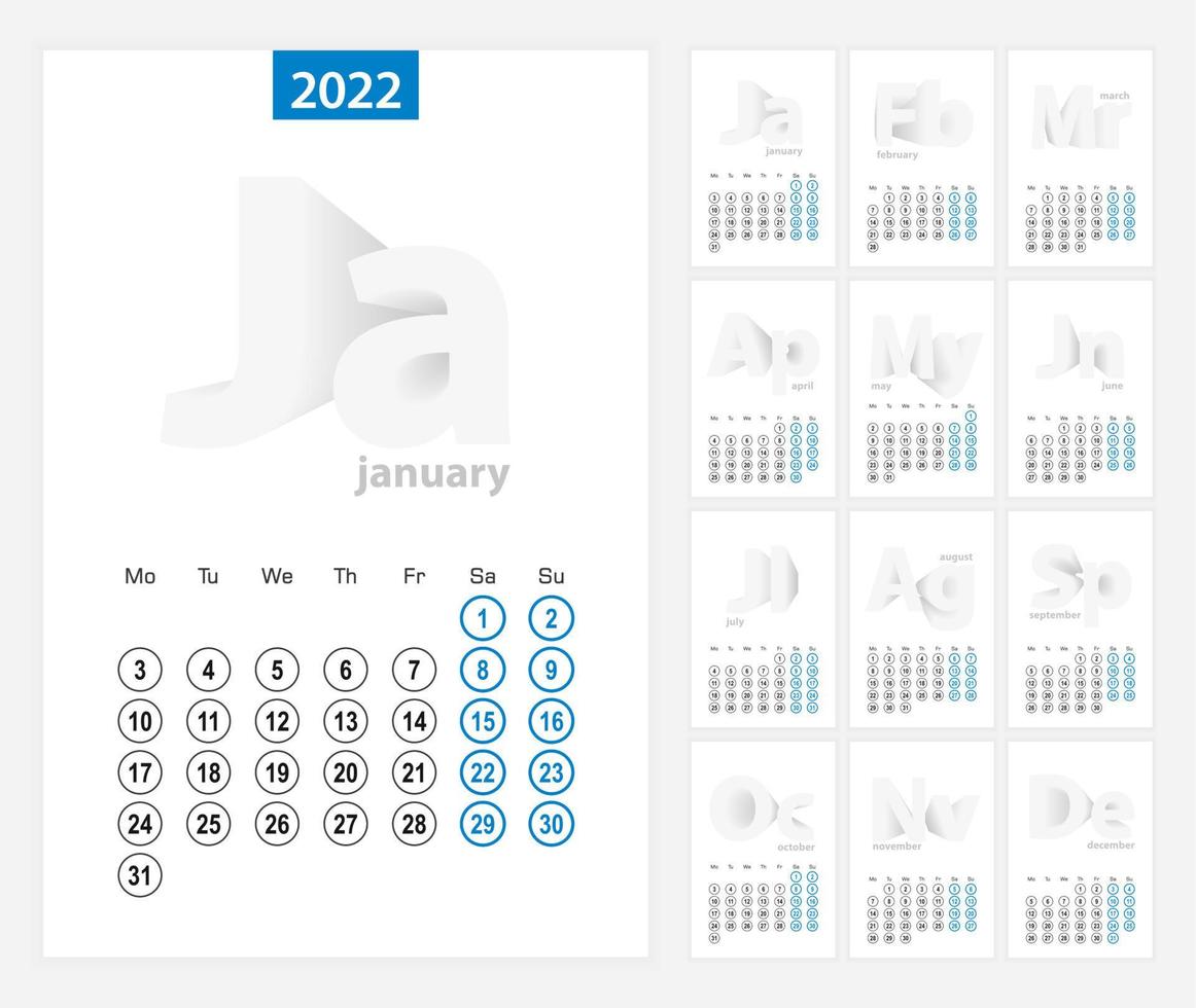 Calendar 2022, blue circle design. English language, week starts on Monday. vector