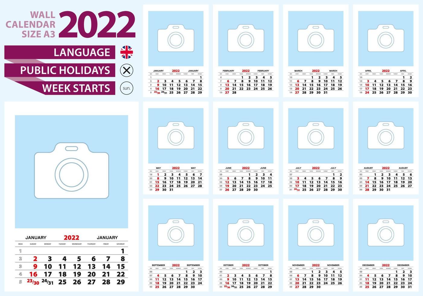 calendario de pared 2022 tamaño a3, idioma inglés. inicio de semana desde el domingo. vector