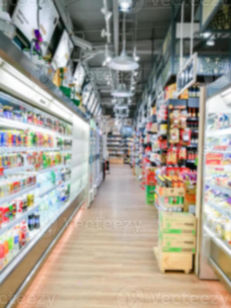 Blurred of product shelves in supermarket or grocery store, use as background photo