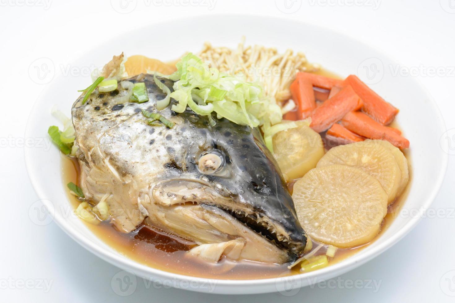 Soup Salmon in soy source with vegetables, Japanese foods 7103777 Stock