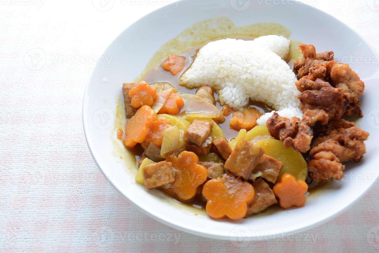 Japanese curry with dolphin rice shape and fried chicken. photo