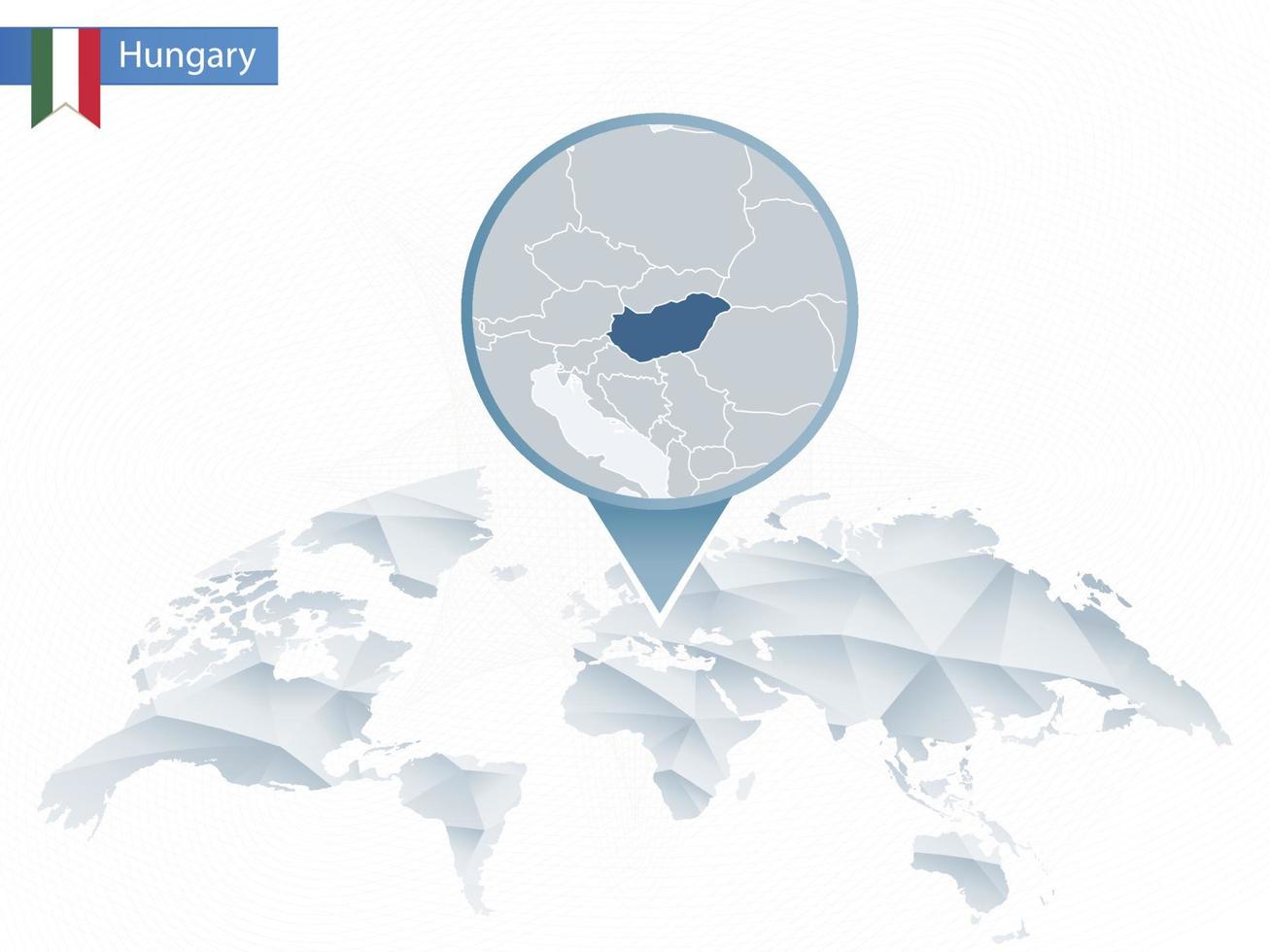 mapa del mundo redondeado abstracto con mapa de hungría detallado anclado. vector