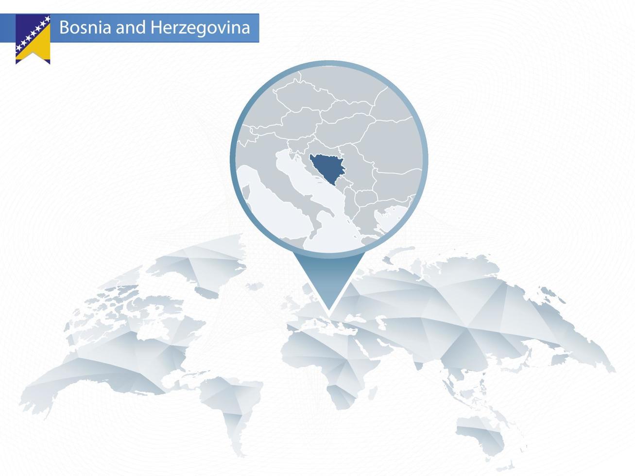 mapa del mundo redondeado abstracto con mapa detallado de bosnia y herzegovina anclado. vector
