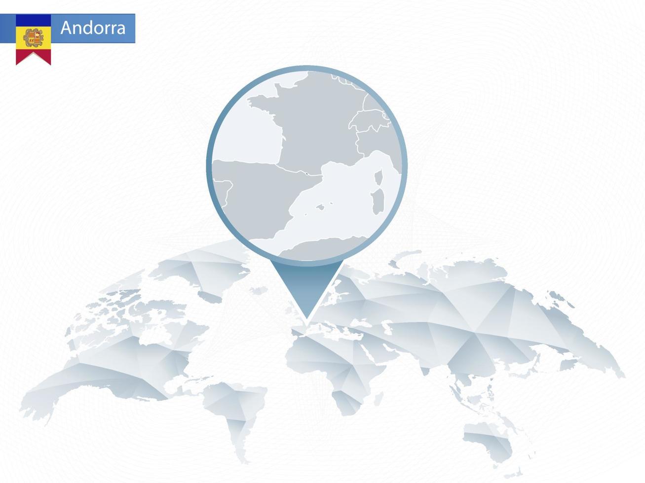 mapa del mundo redondeado abstracto con mapa de andorra detallado anclado. vector