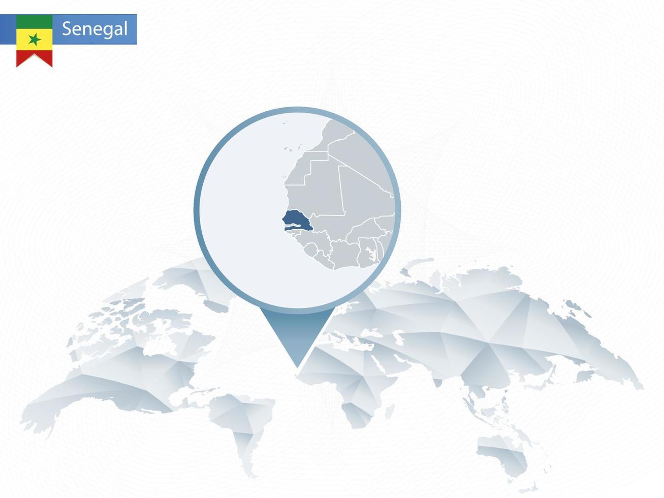 mapa del mundo redondeado abstracto con mapa de senegal detallado anclado. vector