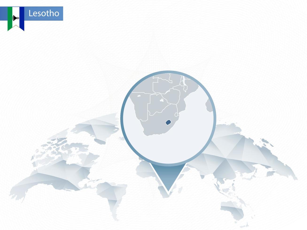 mapa del mundo redondeado abstracto con mapa de lesotho detallado anclado. vector