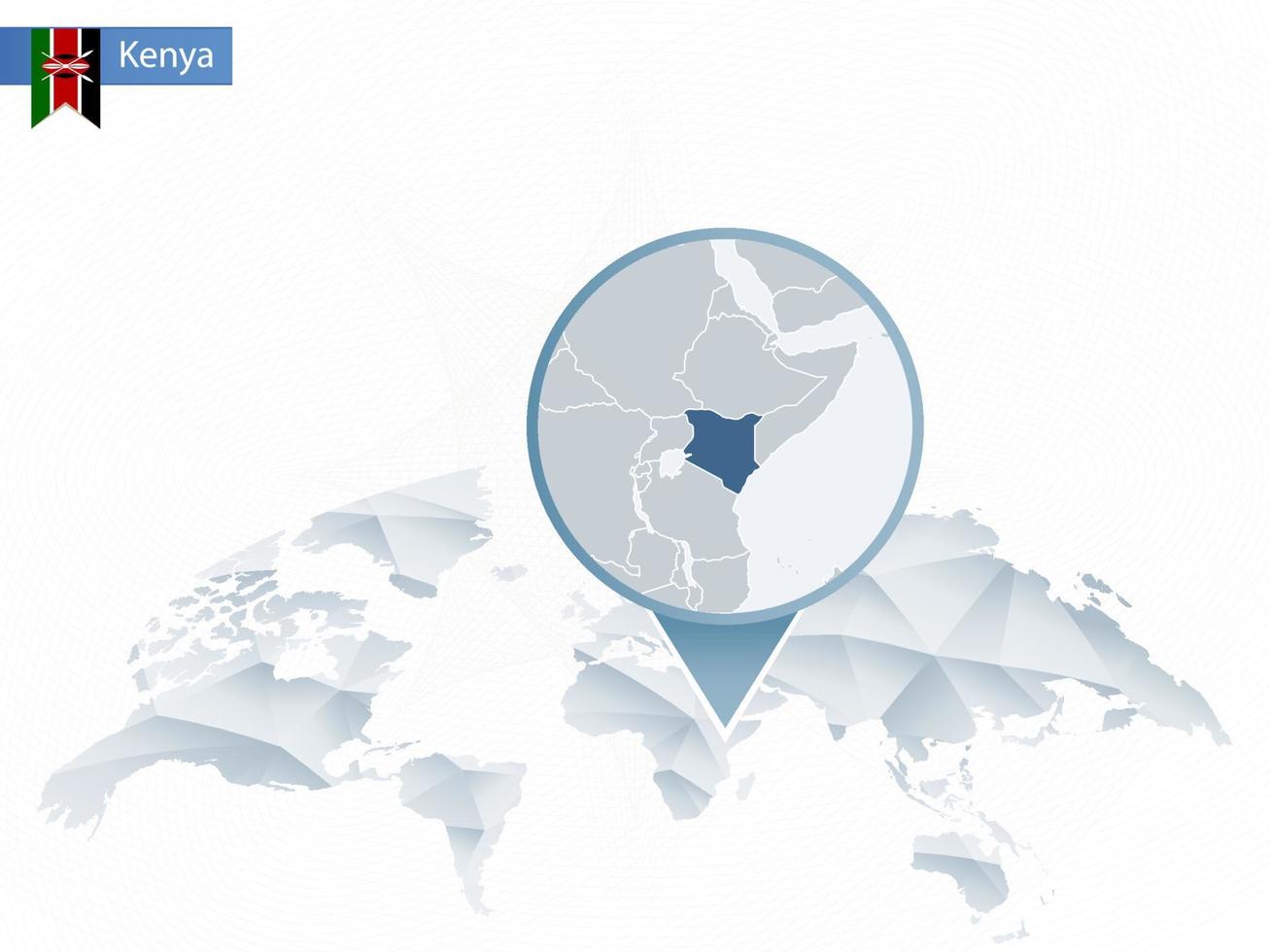 mapa del mundo redondeado abstracto con mapa de kenia detallado anclado. vector