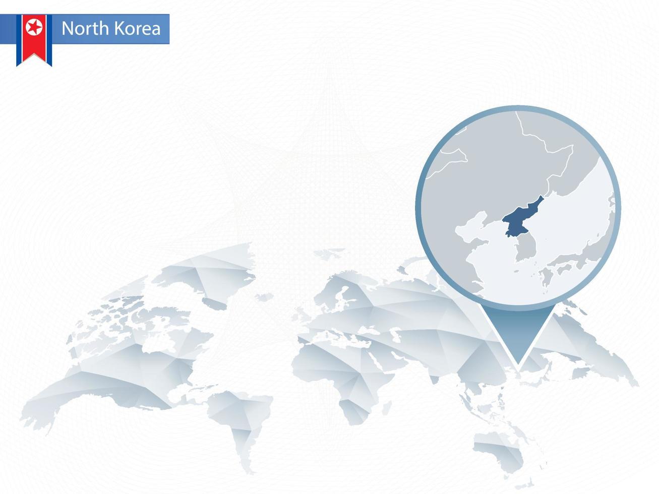 mapa del mundo redondeado abstracto con mapa detallado de corea del norte anclado. vector