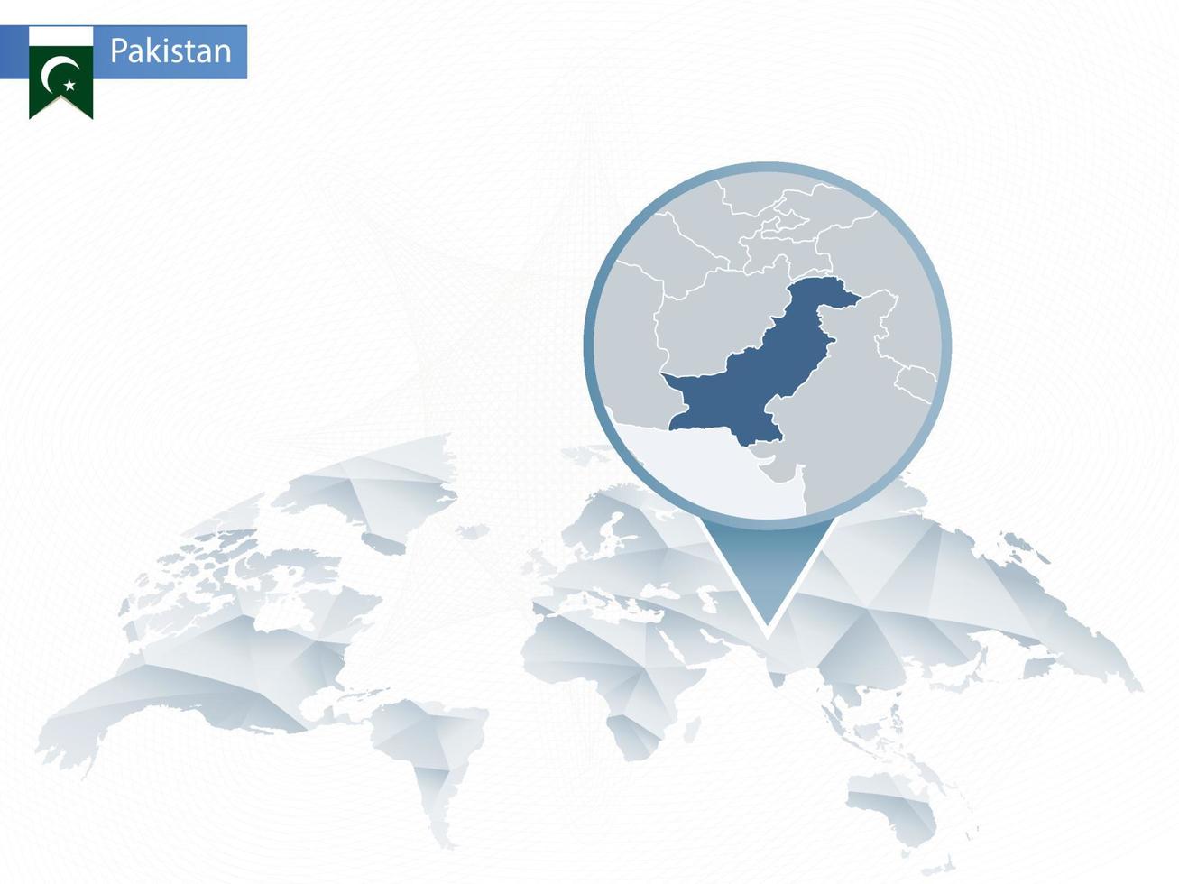 Abstract rounded World Map with pinned detailed Pakistan map. vector