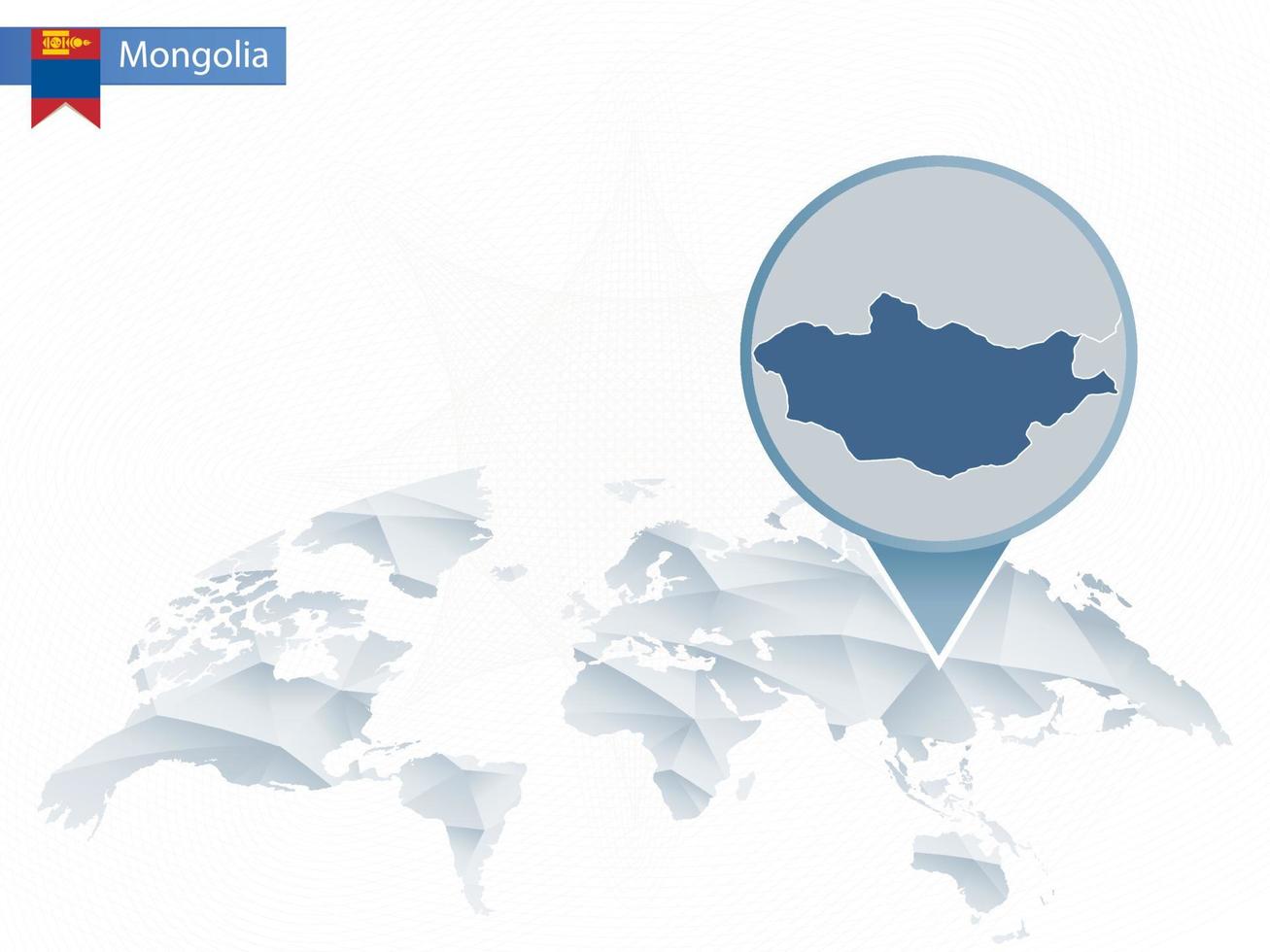 Abstract rounded World Map with pinned detailed Mongolia map. vector