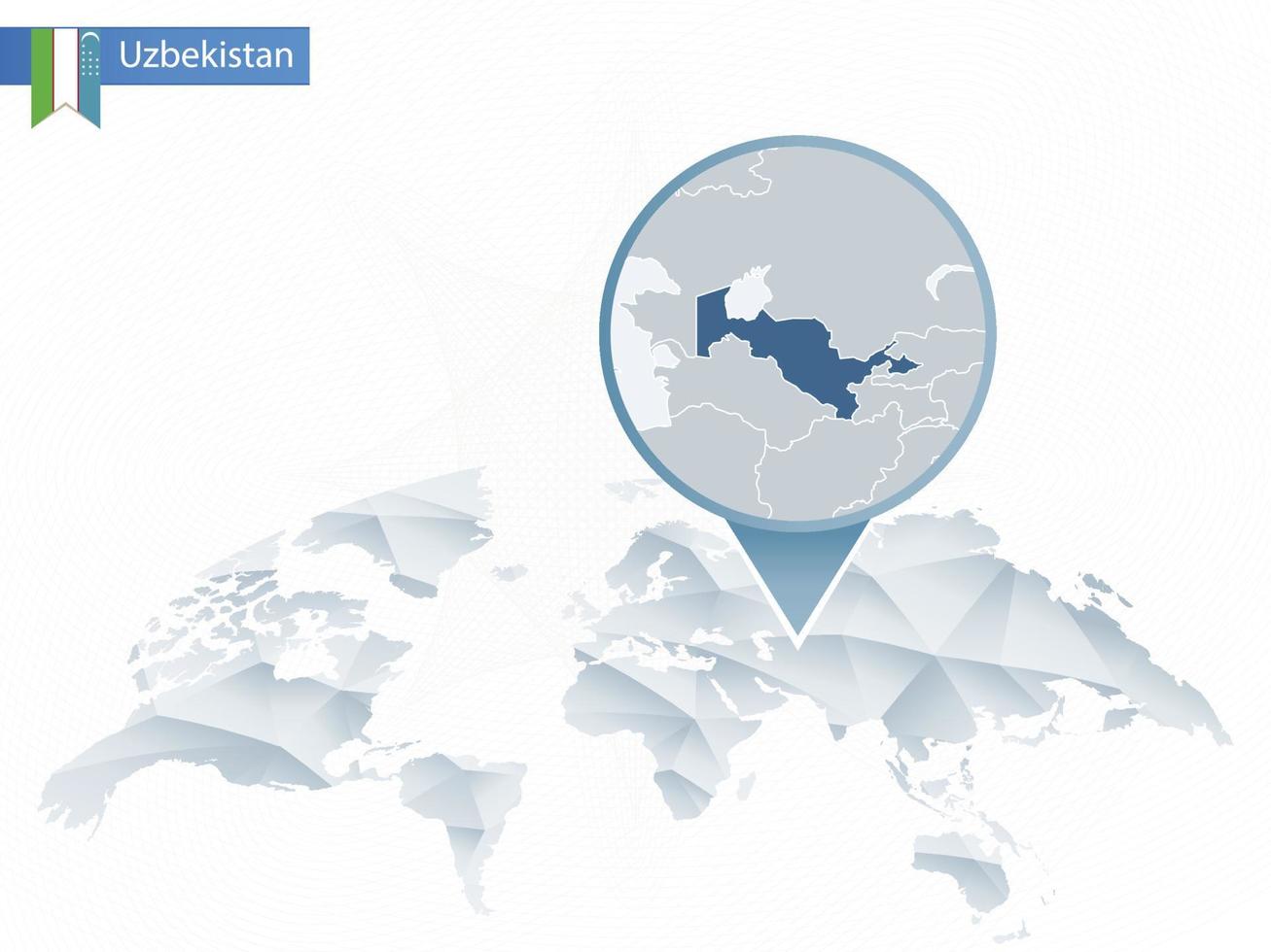 mapa del mundo redondeado abstracto con mapa detallado de uzbekistán anclado. vector