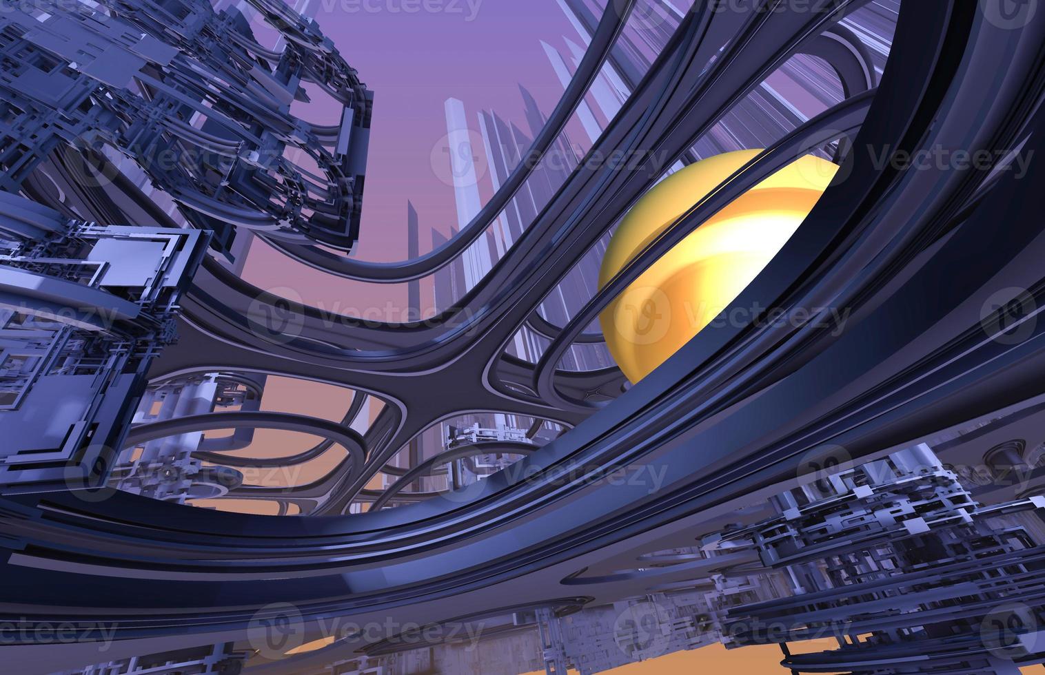 Abstract Computer generated Fractal design. 3D Aliens Illustration of a Beautiful infinite mathematical mandelbrot set fractal in purple and yellow city. photo