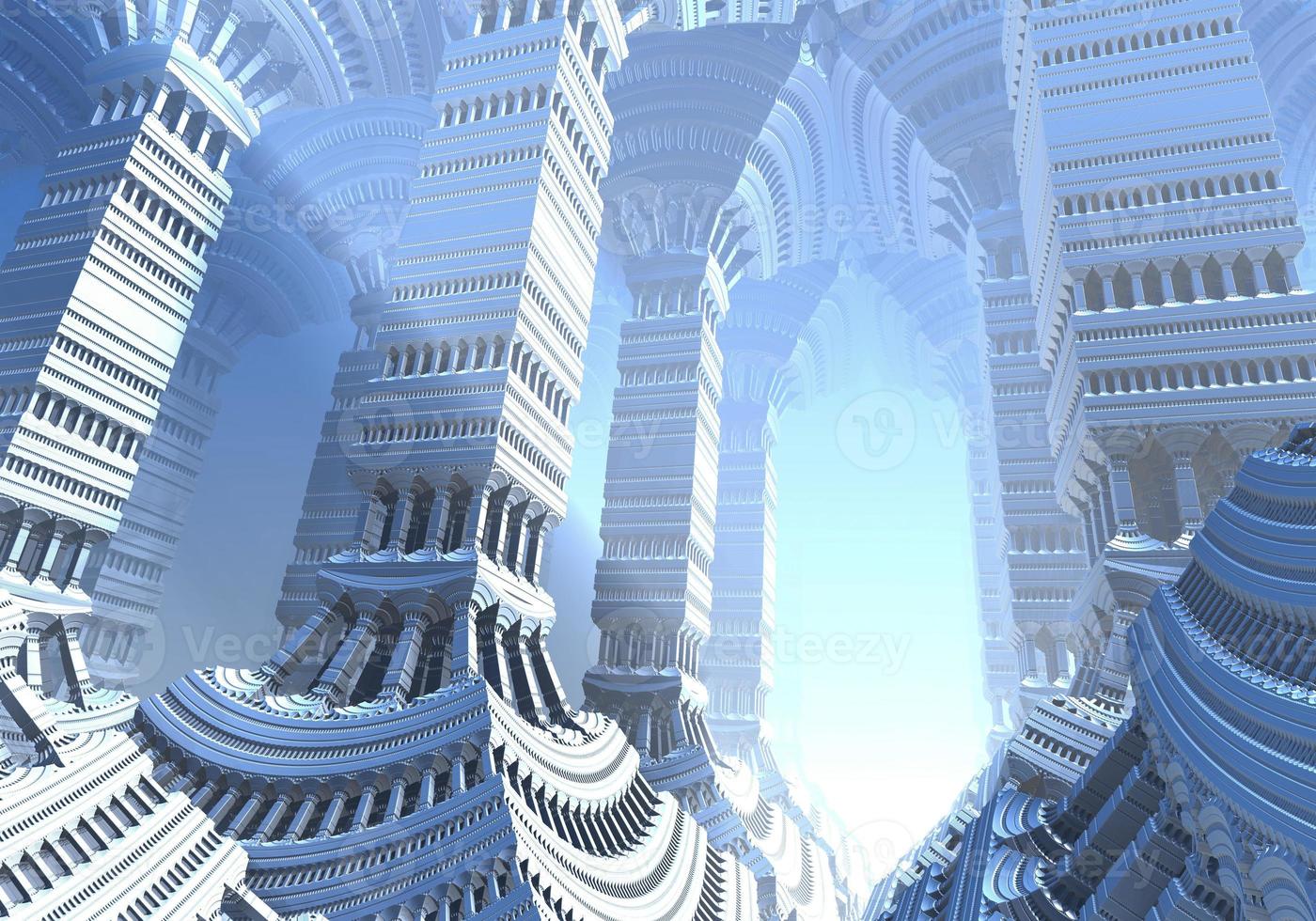 diseño fractal generado por ordenador abstracto. Ilustración de extraterrestres 3d de un hermoso castillo de puerta blanca de plata fractal conjunto mandelbrot matemático infinito. foto