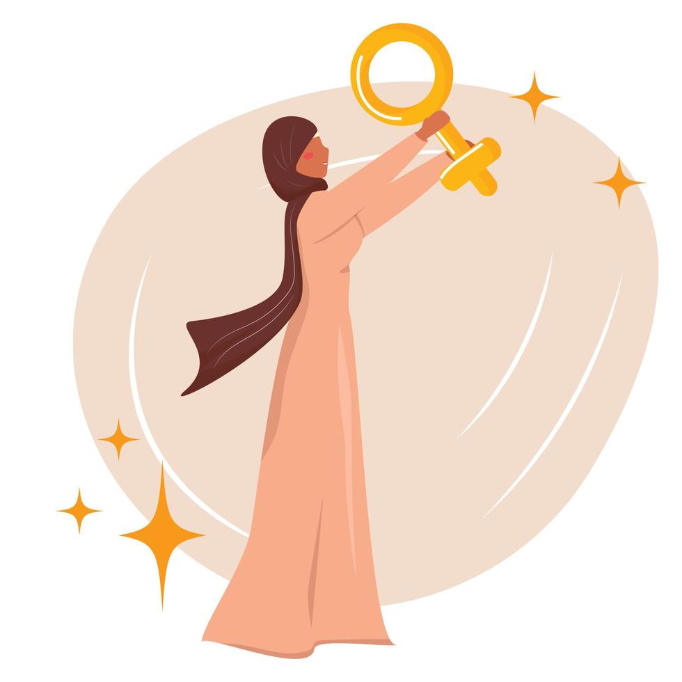 Muslim woman with a gender sign. Arabian woman in hijab. Equality concept illustration. Vector illustration.
