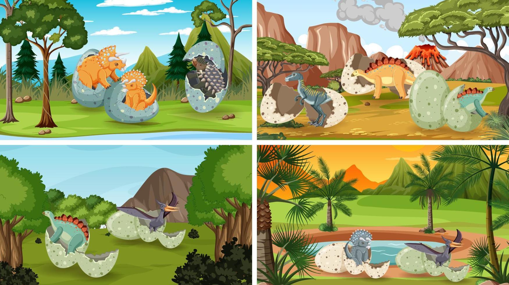 Different prehistoric forest scenes with dinosaur cartoon vector