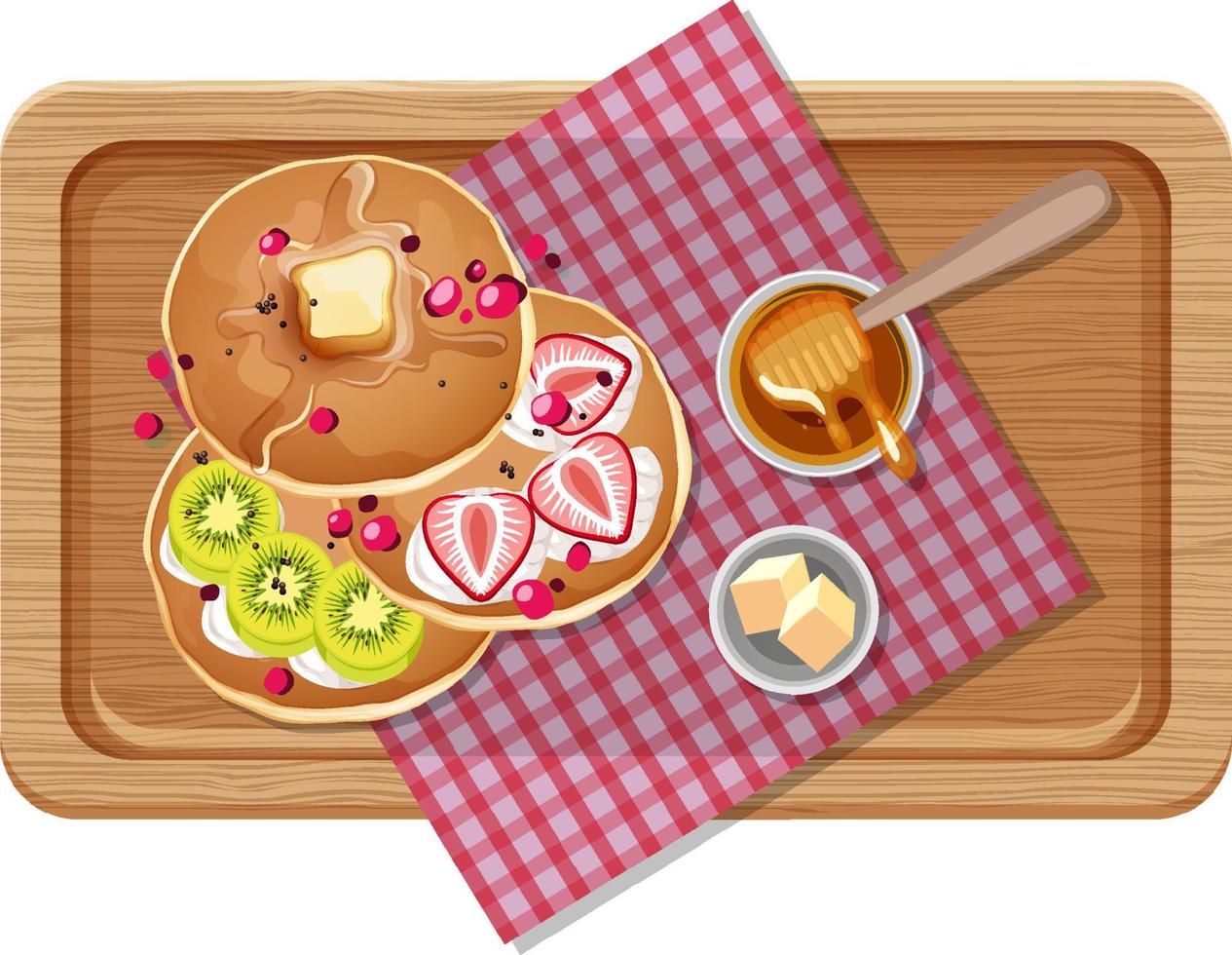 Top view of breakfast on a wooden tray vector