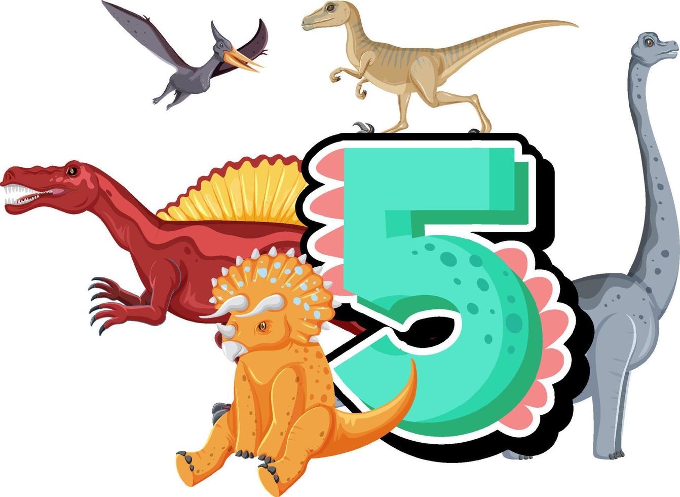 Five dinosaurs attached to number five vector