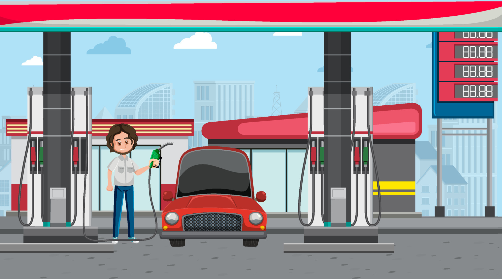 Gas station cartoon scene 7104142 Vector Art at Vecteezy