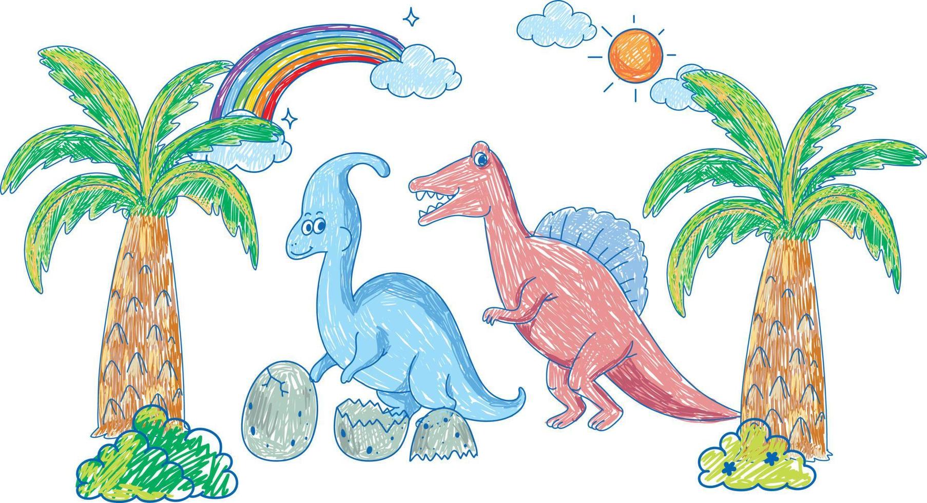 Coloured hand drawn dinosaurs group vector