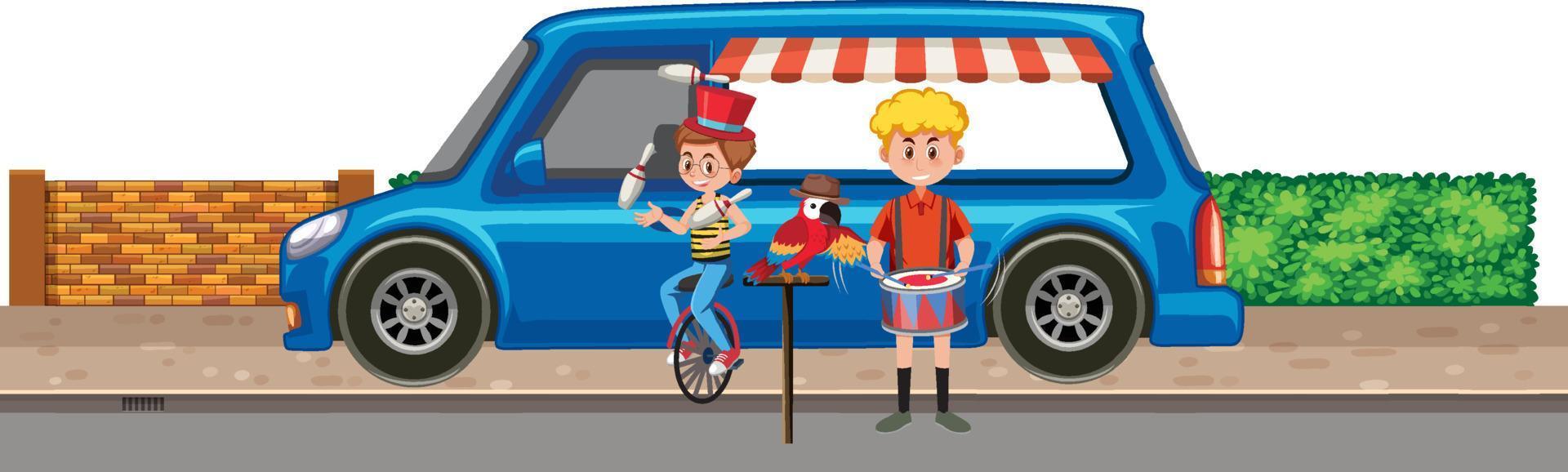 Musician playing drum on the road vector