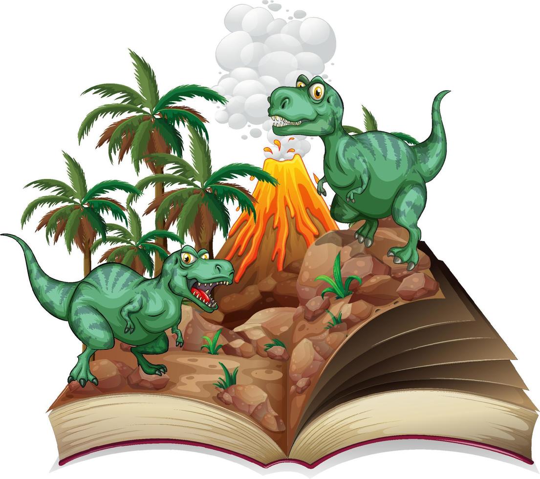 Storybook with two tyrannosaurus rex by volcano vector