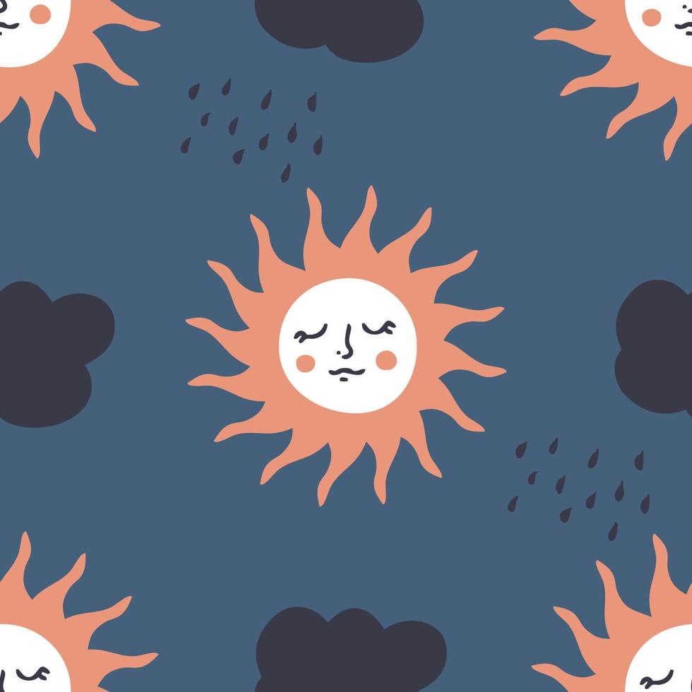Hand drawn seamless pattern with sun and rainy clouds. vector