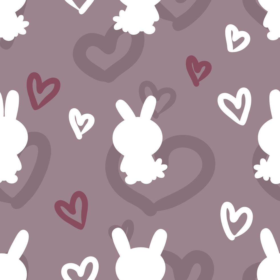 Doodle Easter seamless pattern with bunnies silhouettes and hearts. vector