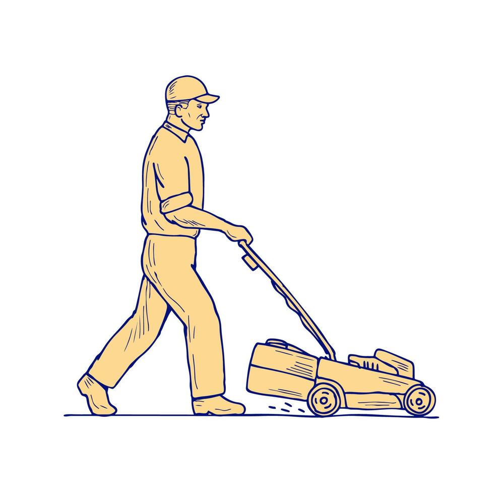 Gardener Mowing Lawnmower Drawing vector