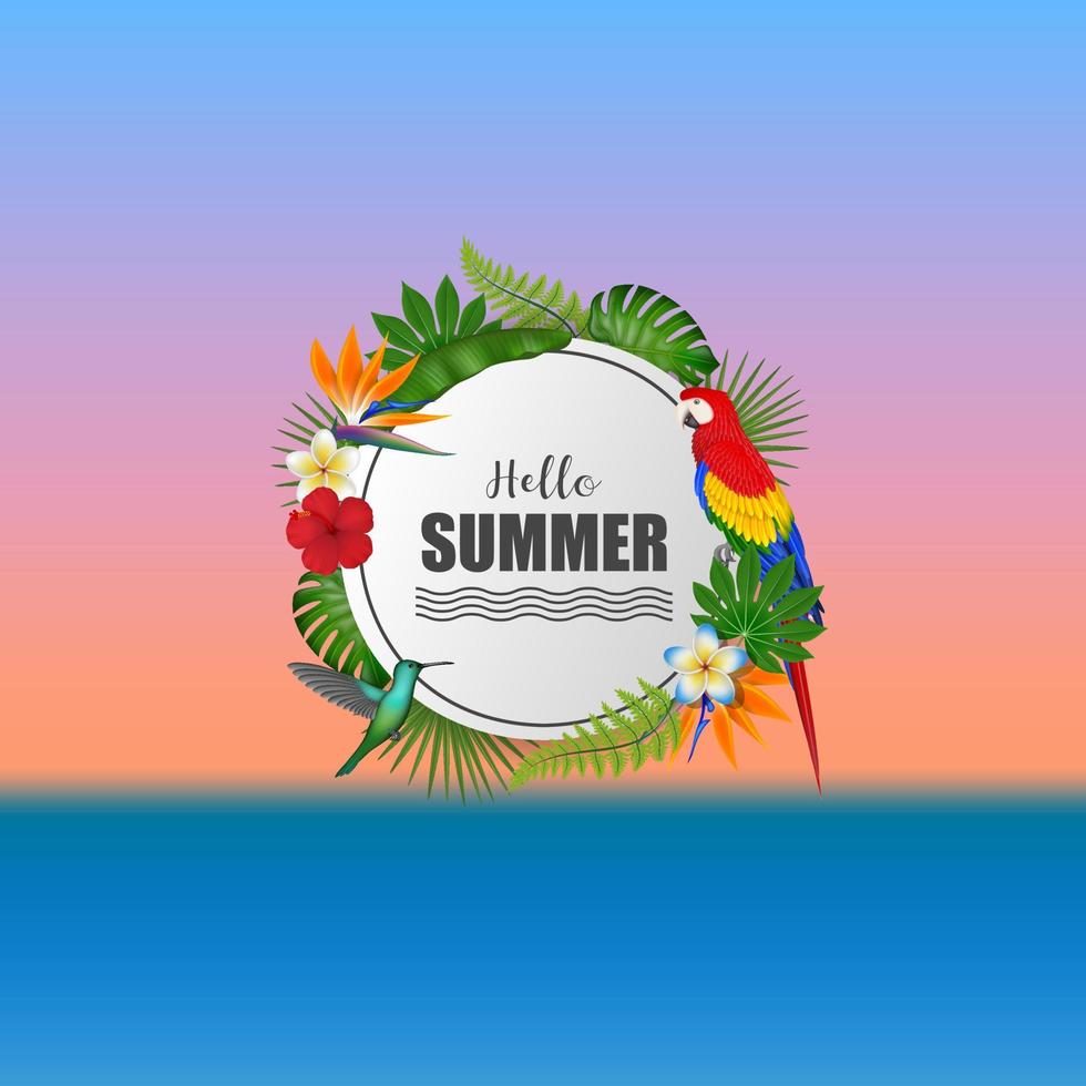 fondo de verano con plantas tropicales y pájaros. cartel de feliz verano con flores exóticas, hojas y loro colorido vector