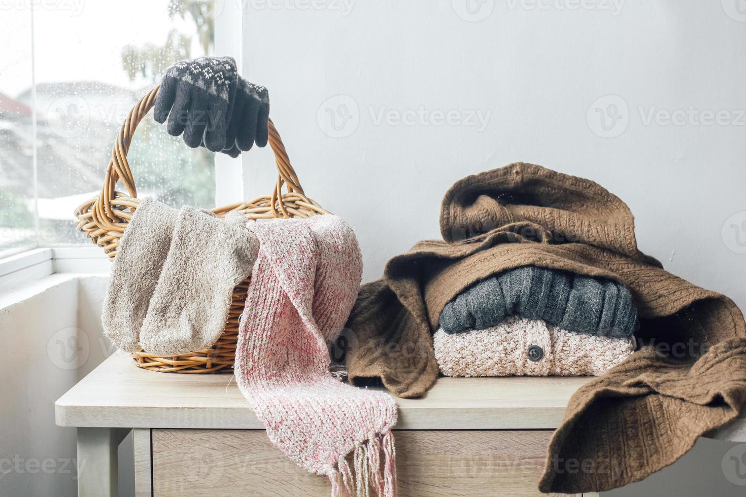 Winter clothes and accessories for winter season background concept photo