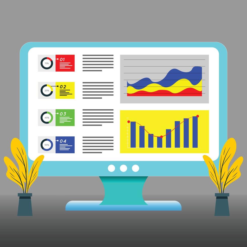 The desk computer is displaying graphs and charts. Good for business illustration vector