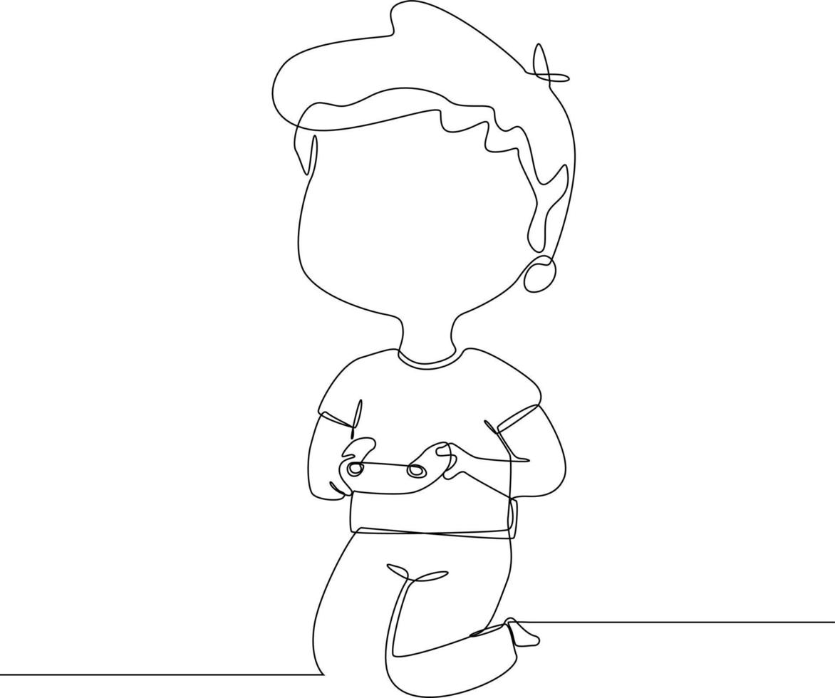 Continuous line drawing of kid use joystick and play the game. Vector illustration.