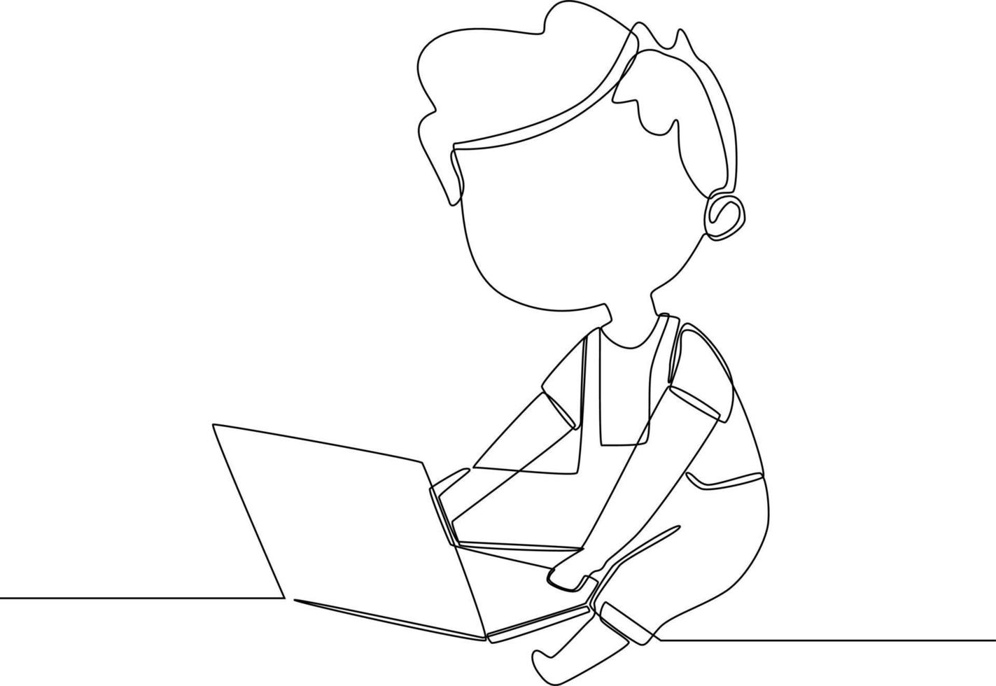 Continuous line drawing of child boy using a laptop and study online with video call teacher at home. Vector illustration.