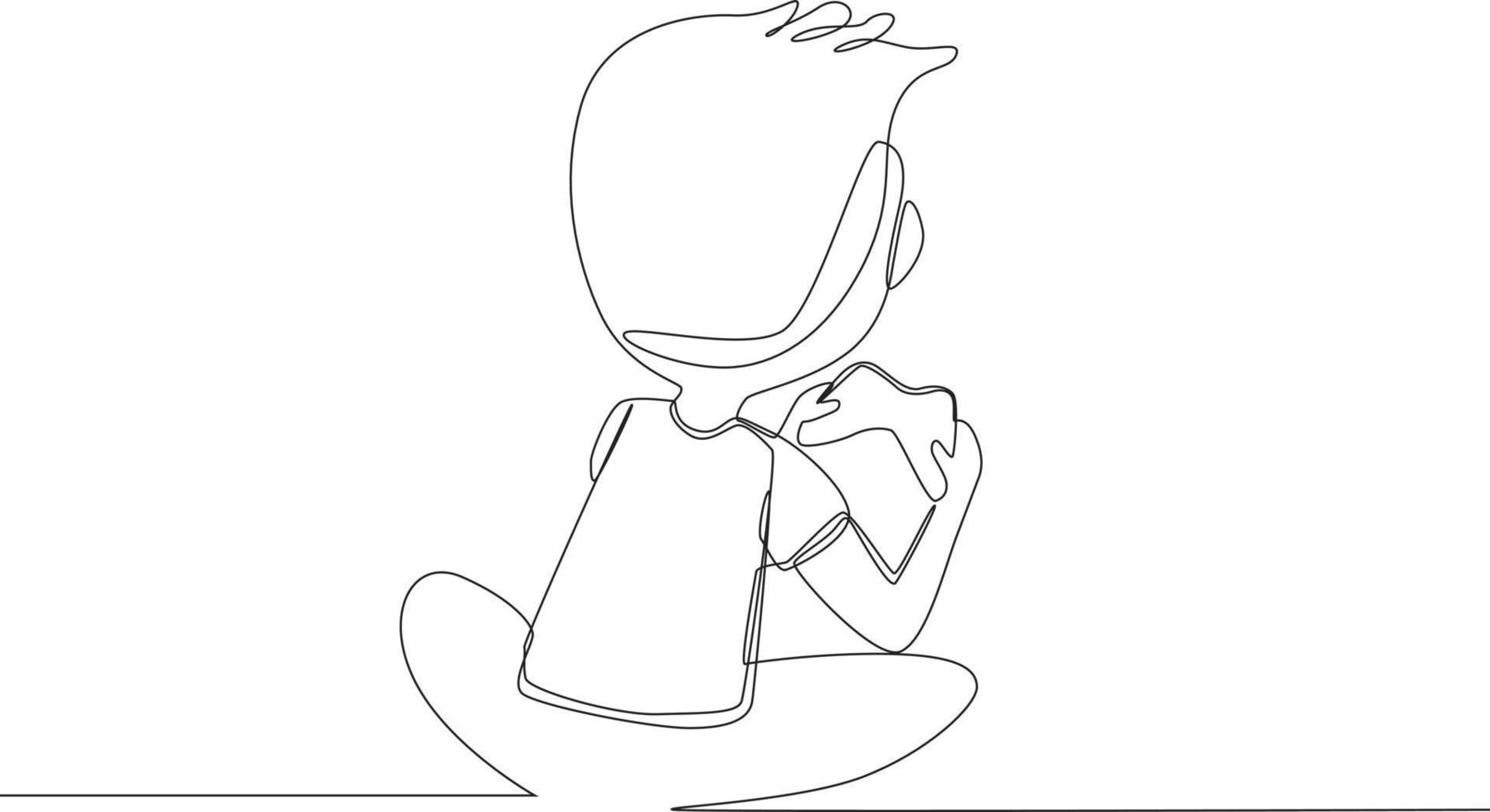 Continuous line drawing of seen from behind. young little boy playing with joystick. Vector illustration.