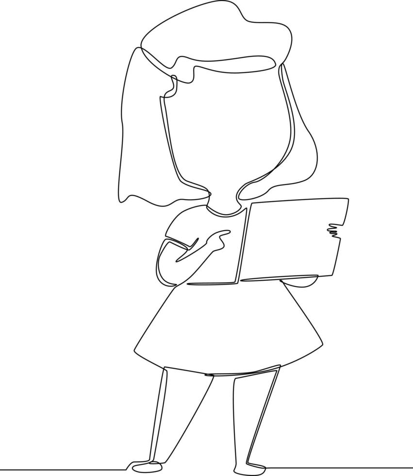 Simple continuous line drawing little Girl playing game on tablet computer. Vector illustration.