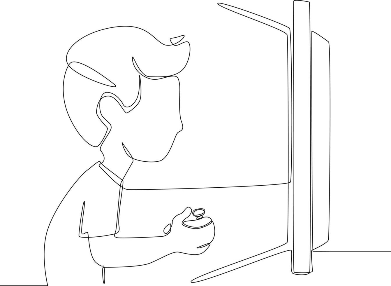 Simple continuous line drawing boy kid sitting at tv screen with gamepad controllers playing fighting console video game. Vector illustration.