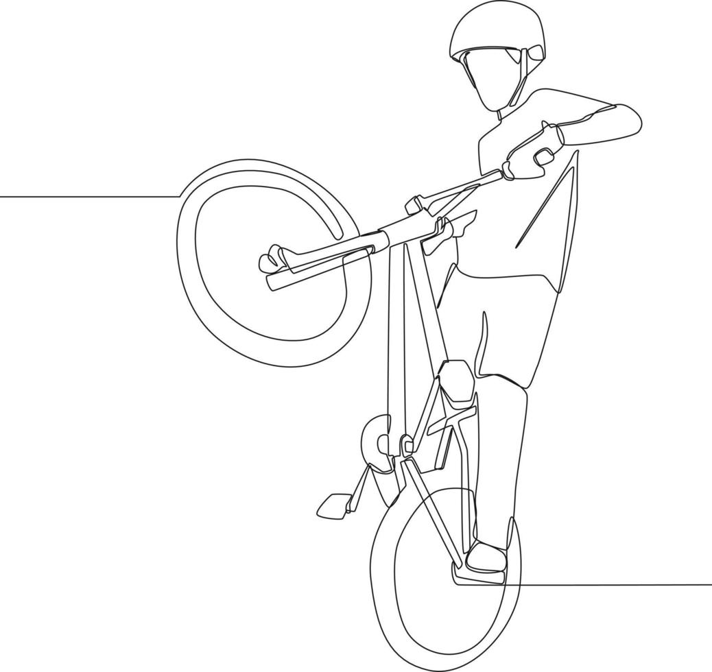 Simple continuous line drawing young bmx rider jumping on bike.  Vector illustration.