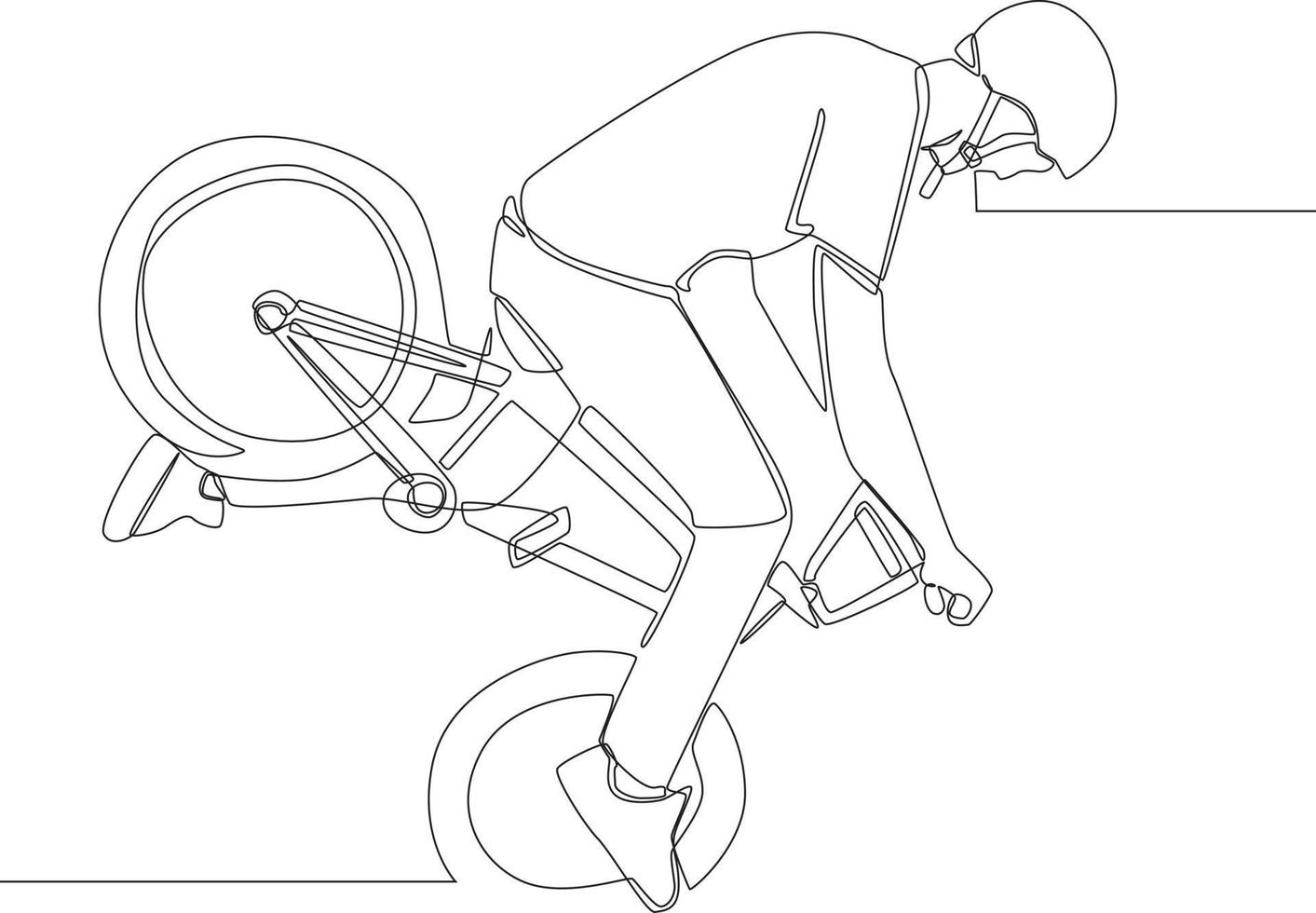 Simple continuous line drawing young bicycle rider perform freestyle trick on street. Vector illustration.