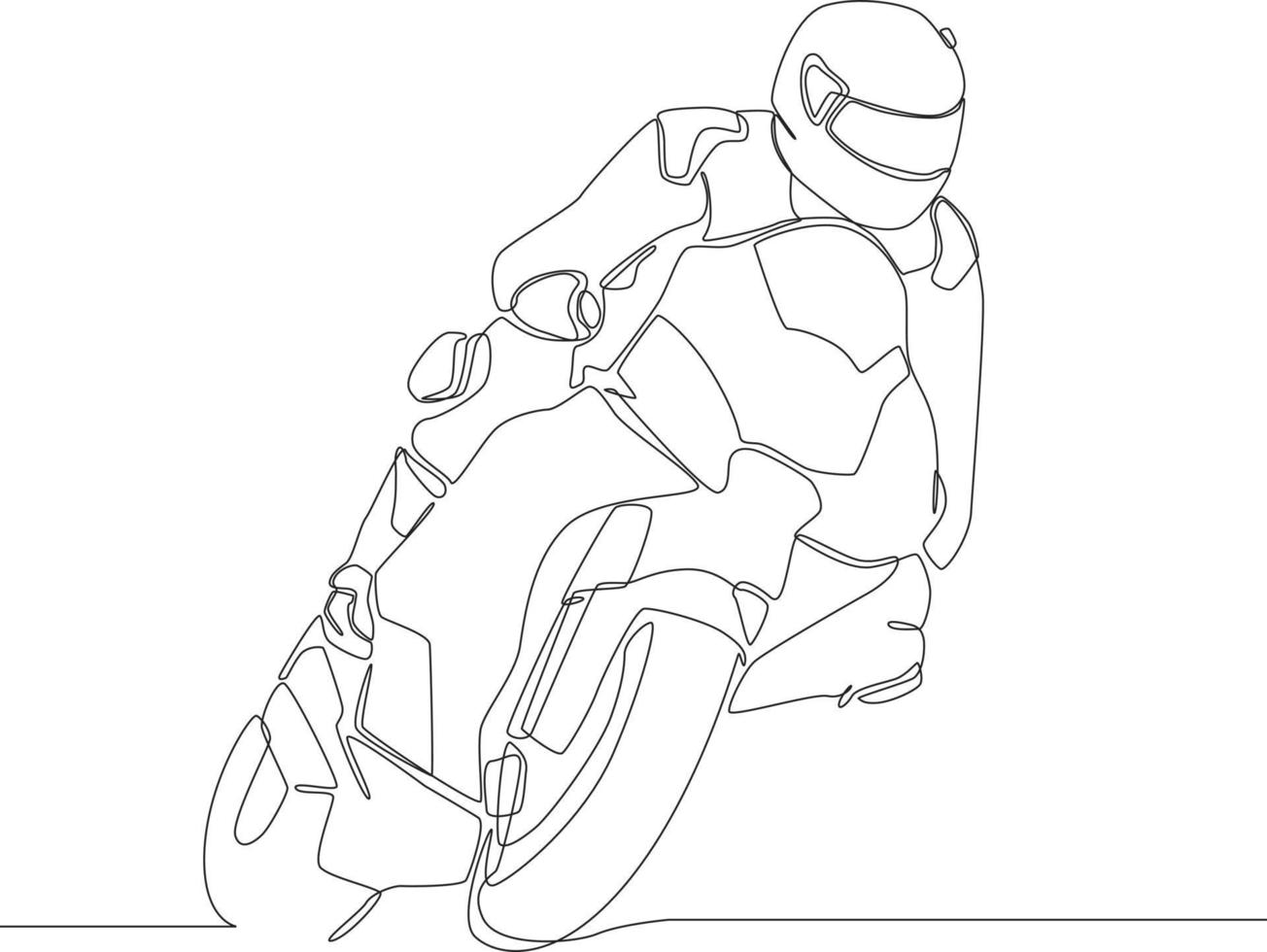 Continuous one line drawing Motorcyclist riding motorbike on road in left turn style. Single line draw design vector graphic illustration.