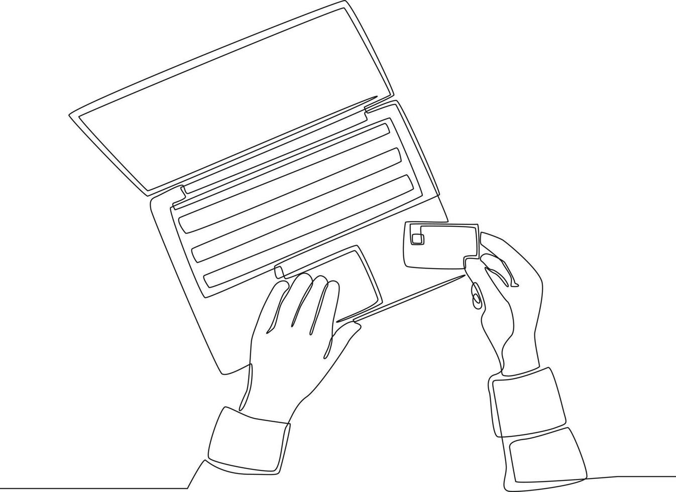 Continuous one line drawing of Using laptop, pay online with credit card. Single line draw design vector graphic illustration.