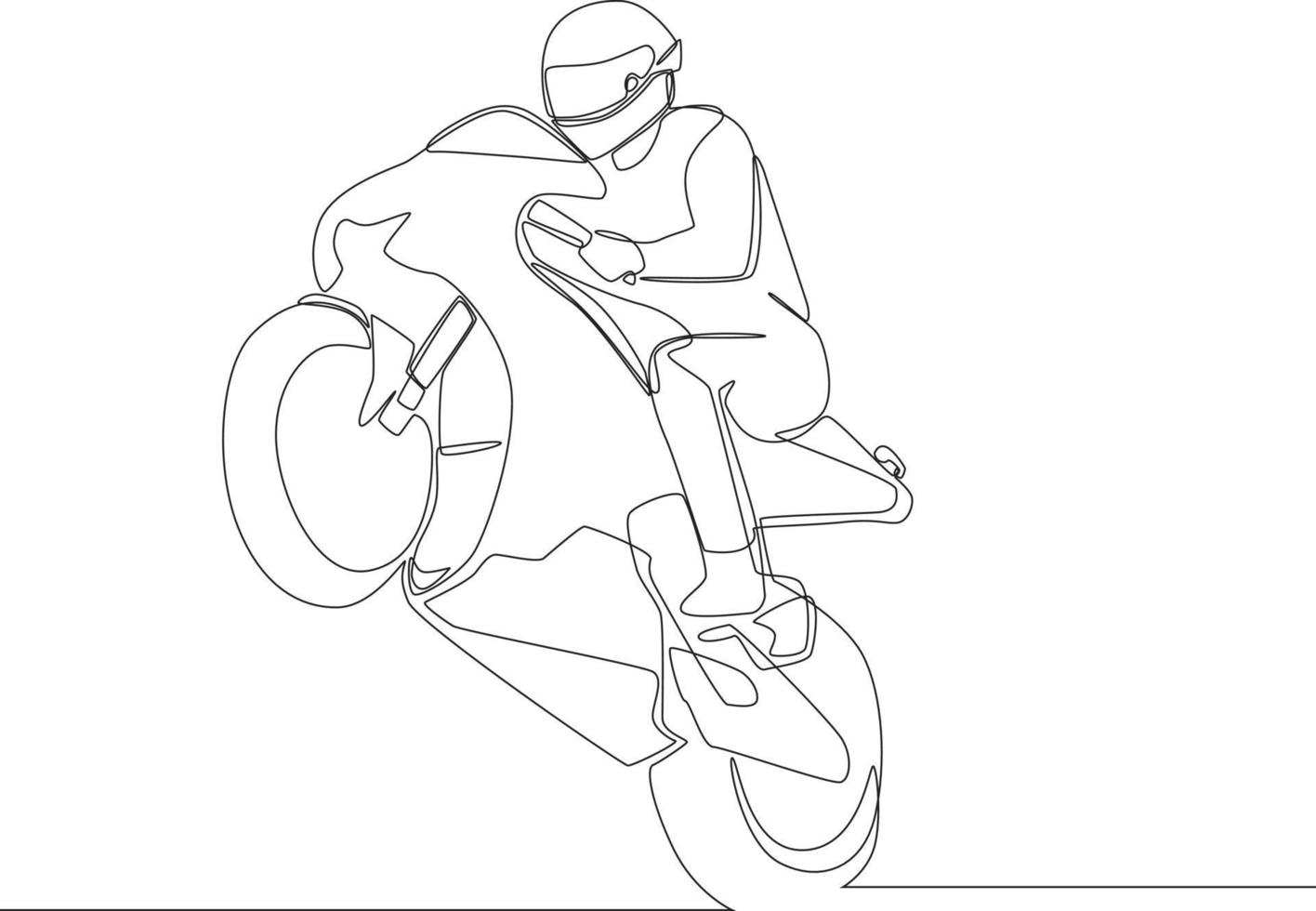 Continuous one line drawing sportbike  jumping on the track. Single line draw design vector graphic illustration.