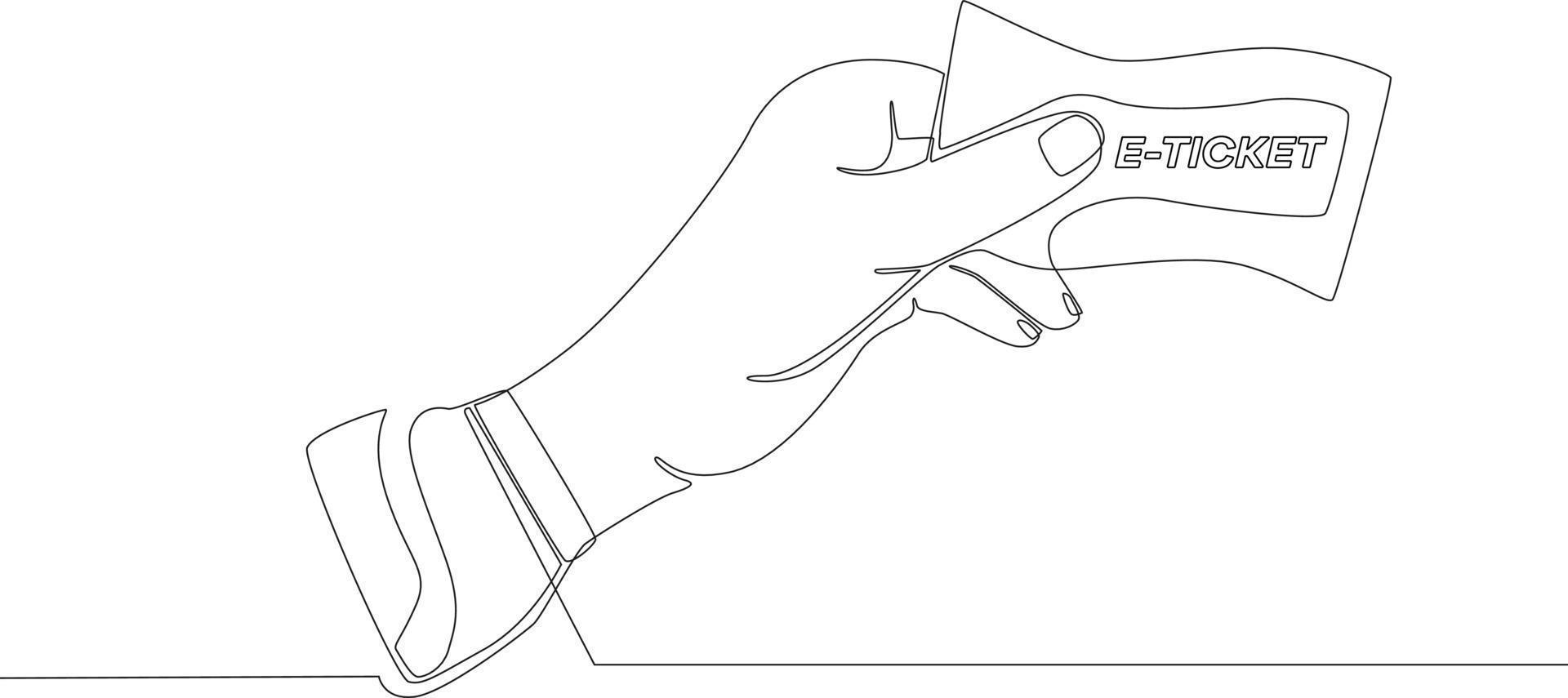 Single continuous line drawing of Man is holding e-tickets for the plane. one line draw design graphic vector illustration.